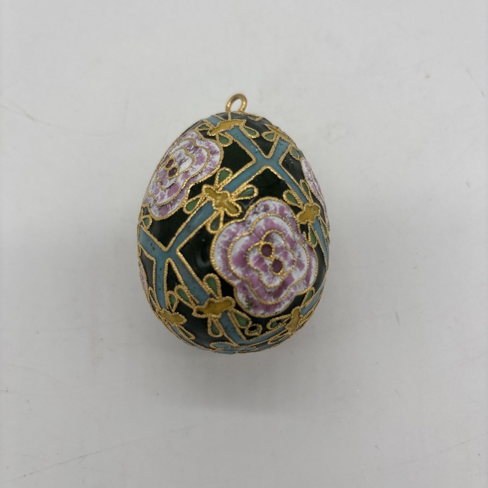 Vintage Cloisonne Egg Orn.  Floral pink Blue gold 2.75 Limited Production
